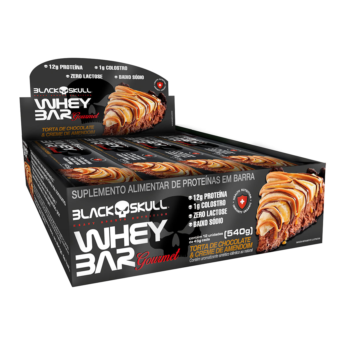 Barra de proteína gourmet c/ colostro - display c/ 12 display c/12 whey bar gourmet torta de choc e amendoim 45g