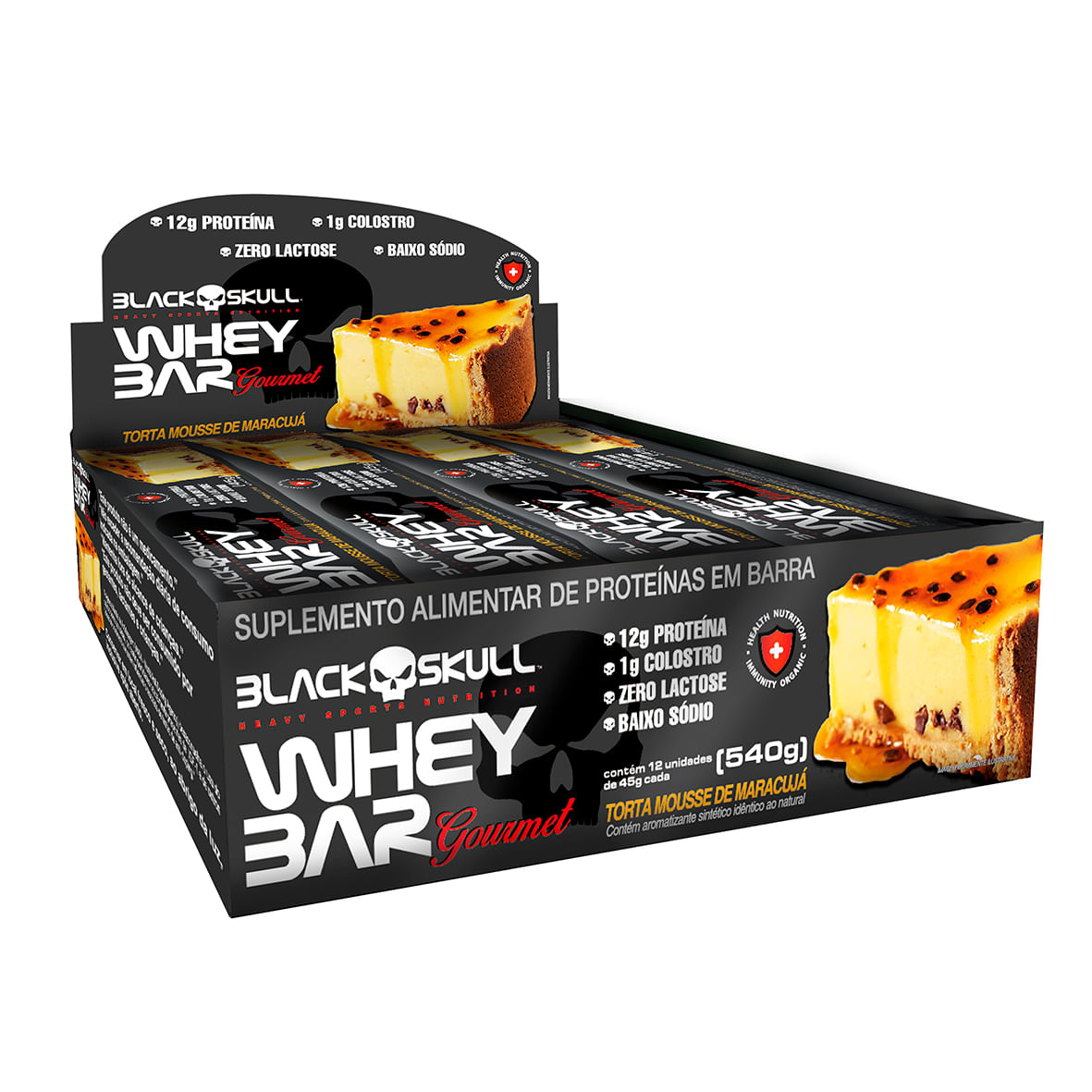 Barra de proteína gourmet c/ colostro - display c/ 12 display c/12 whey bar gourmet torta mousse de maracujá 45g