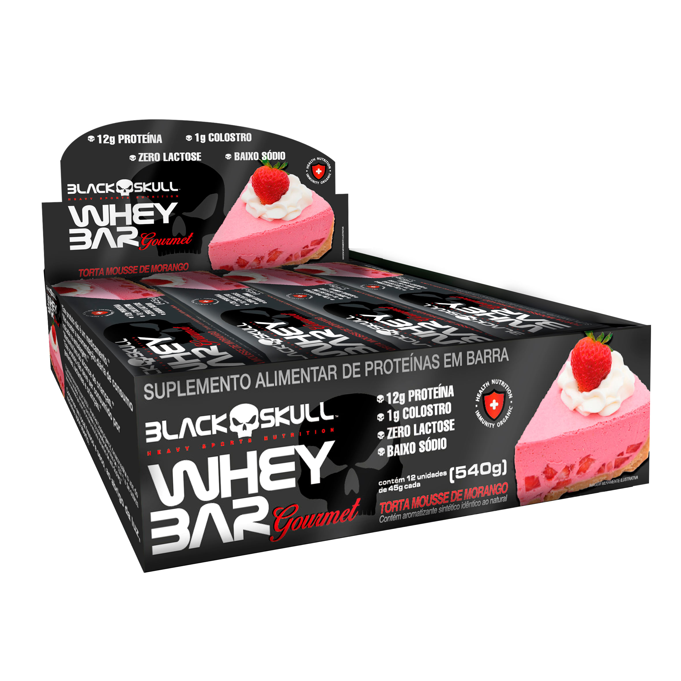 Barra de proteína gourmet c/ colostro - display c/ 12 display c/12 whey bar gourmet torta mousse de morango 45g