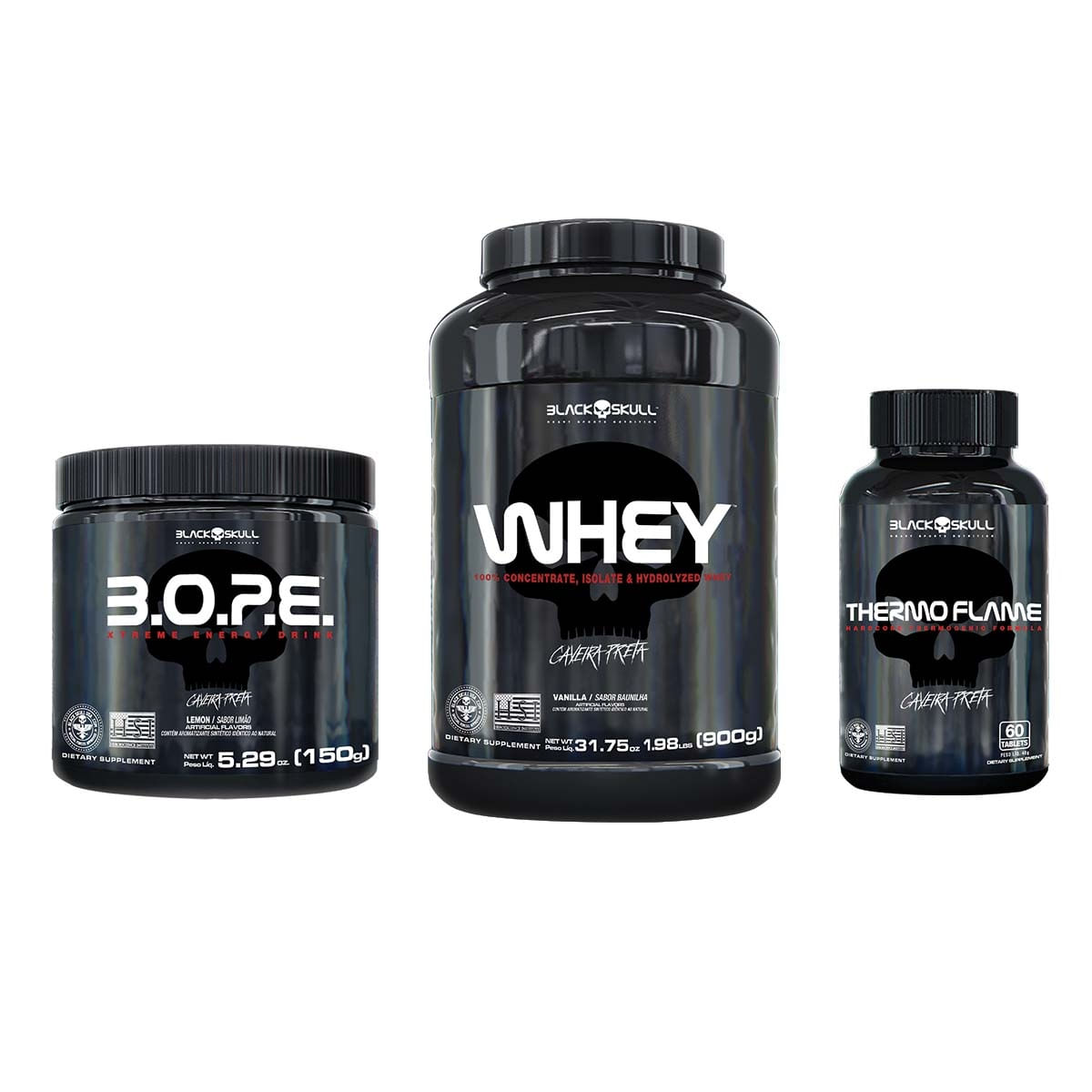 Kit whey + pré-treino bope + termogênico  - black skull kit whey + pré-treino bope + termogênico (baunilha e limão)