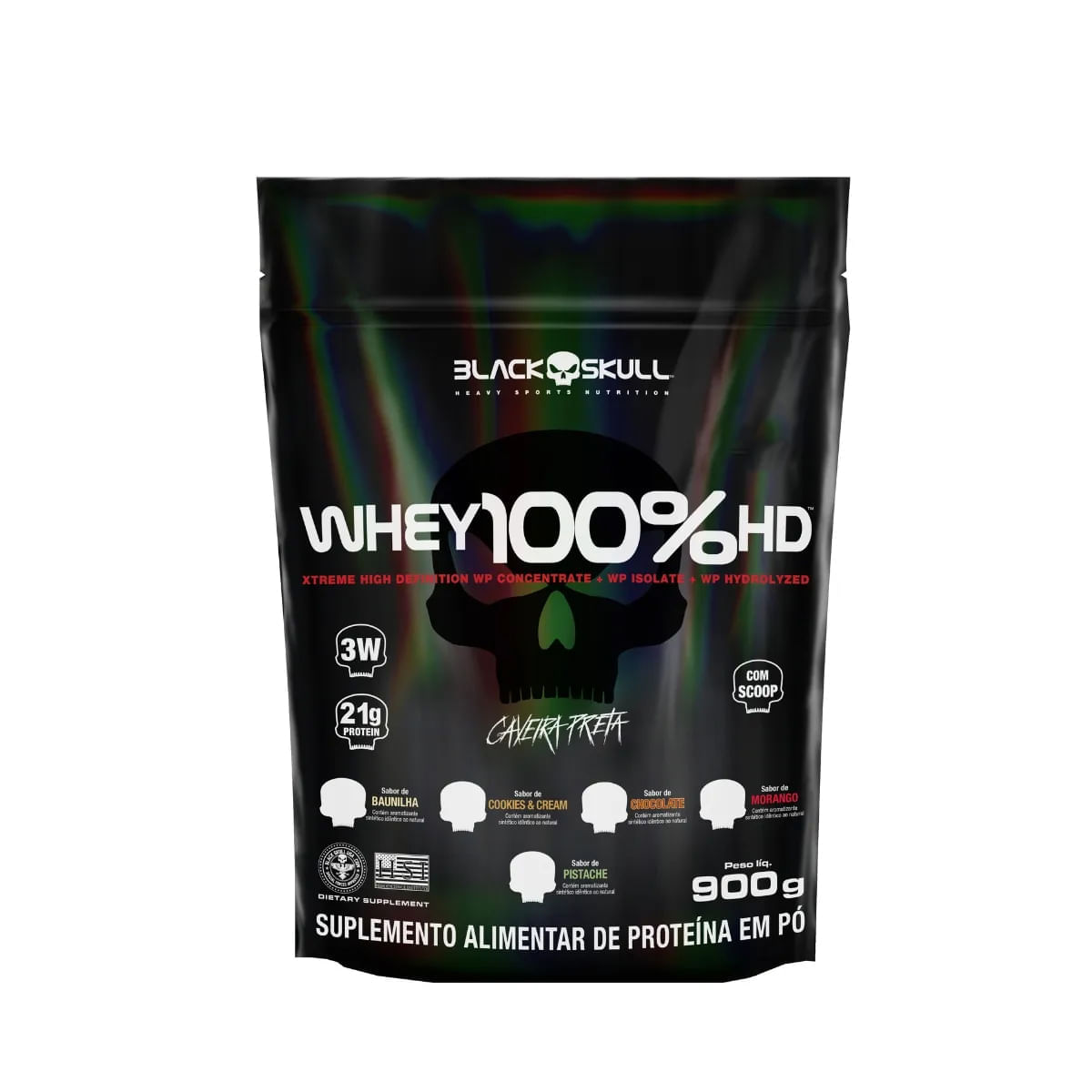 Whey 100% hd (wpc, wpi e wph) - refil 900g - black skull refil whey 100% hd pistache 900g