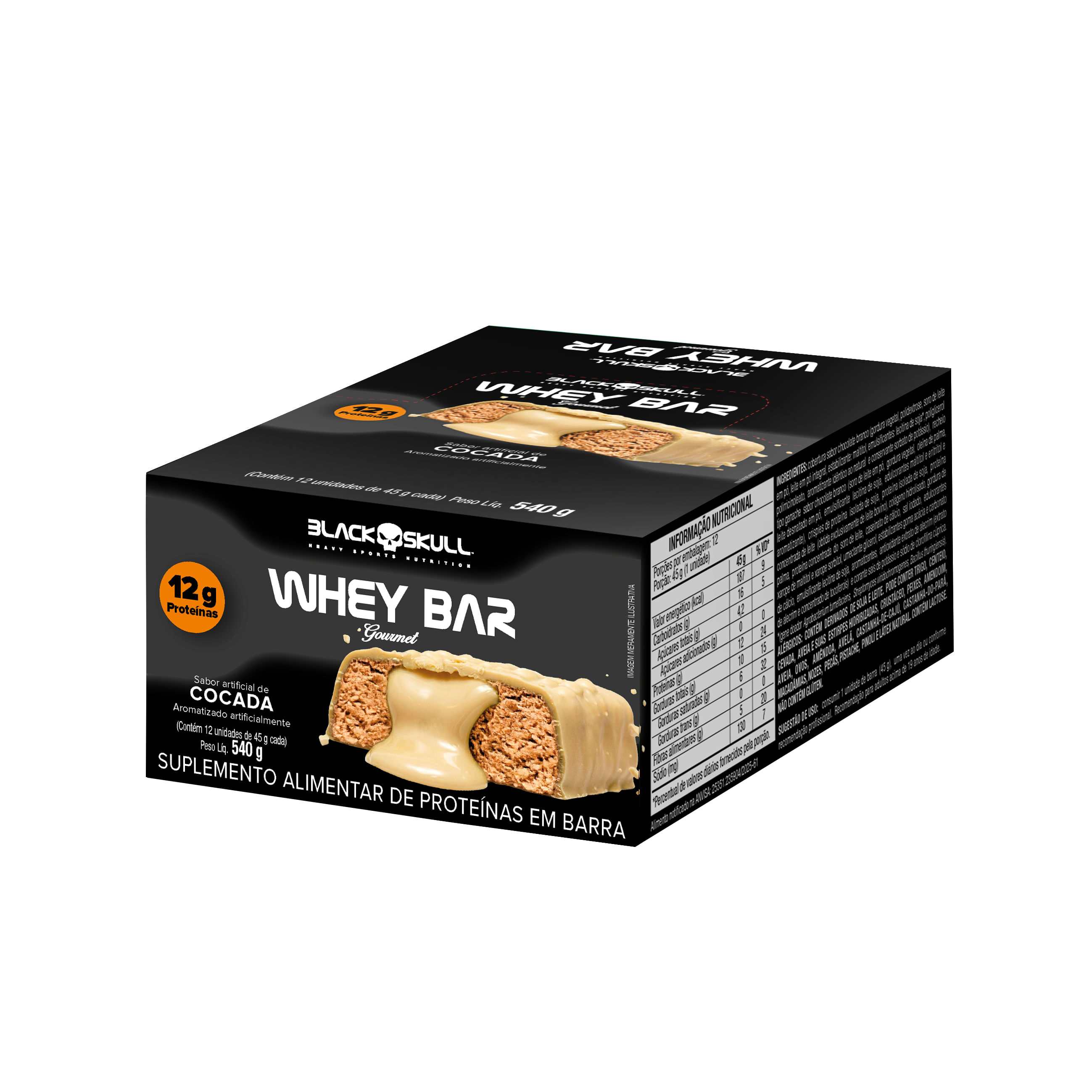 Barra de proteína whey bar gourmet zero - caixa 12 unidades - black skull barra de proteína whey bar gourmet zero – cocada