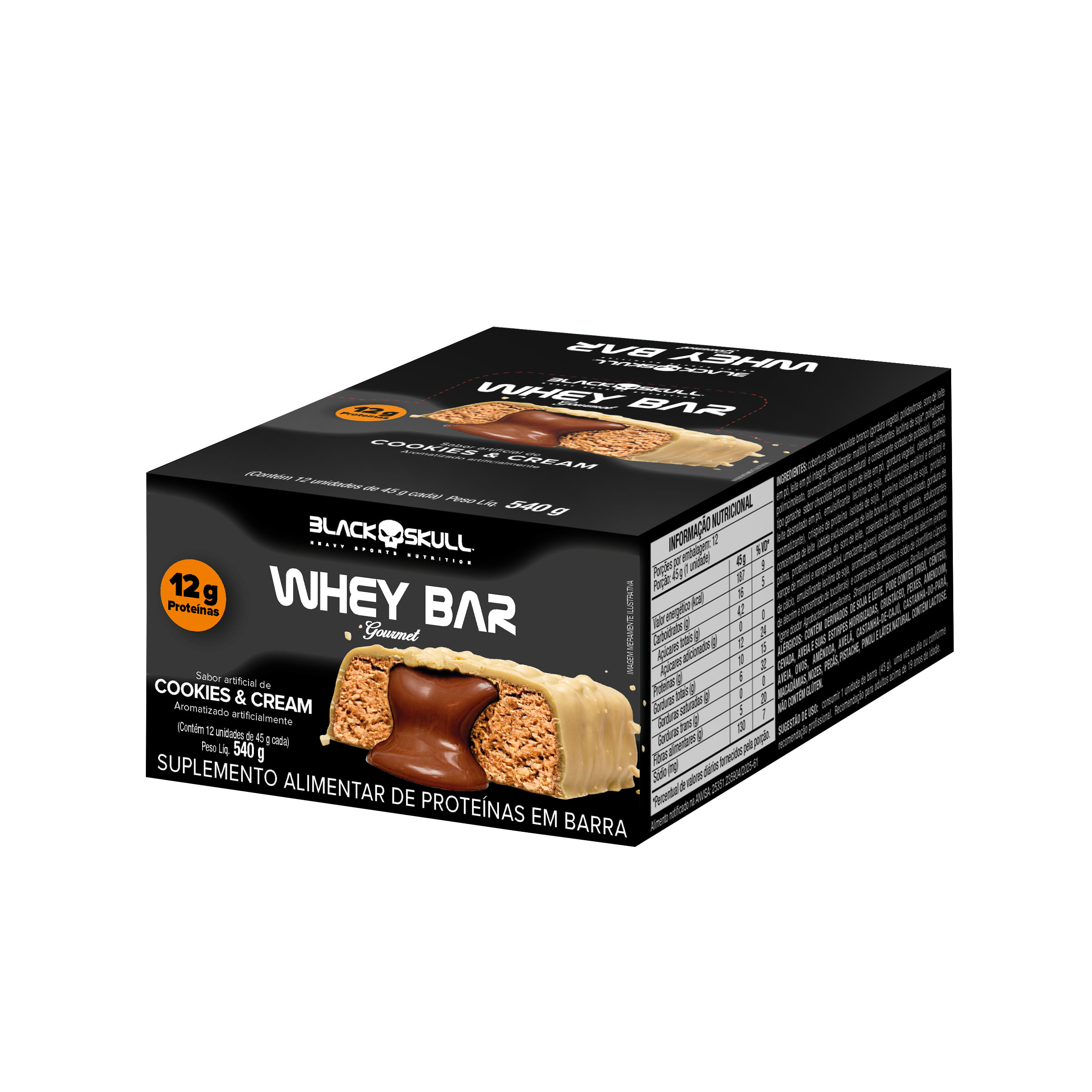 Barra de proteína whey bar gourmet zero - caixa 12 unidades - black skull barra de proteína whey bar gourmet zero – cookies e cream