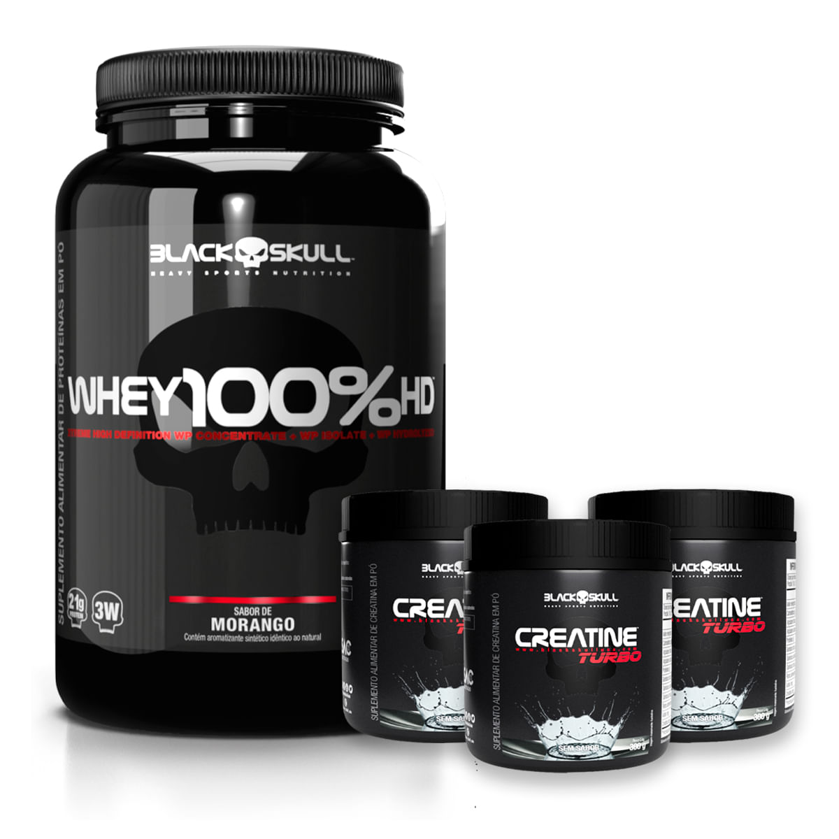 Whey 100% hd + 3x creatine turbo - black skull whey 100% hd morango + 3x creatine turbo