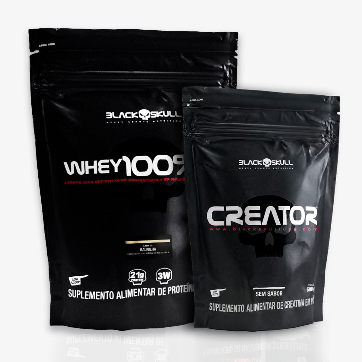 Combo whey 100% hd + creatina creator - refil 500g - black skull