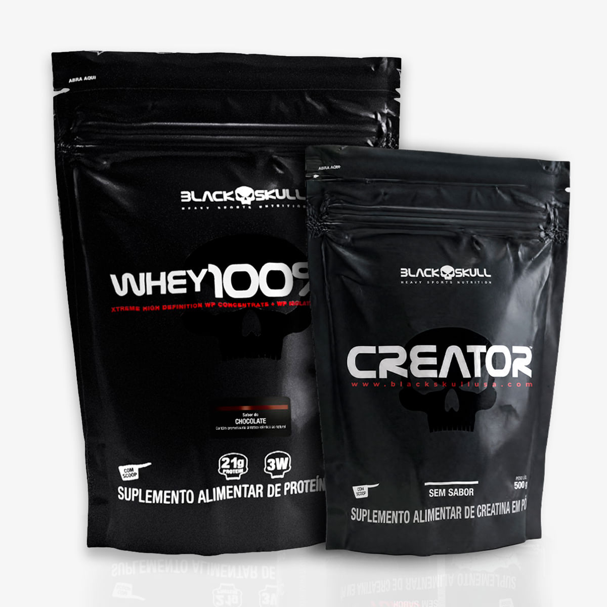 Combo whey 100% hd + creatina creator - refil 500g - black skull combo whey 100% hd + creatina creator 500g black skull (chocolate)