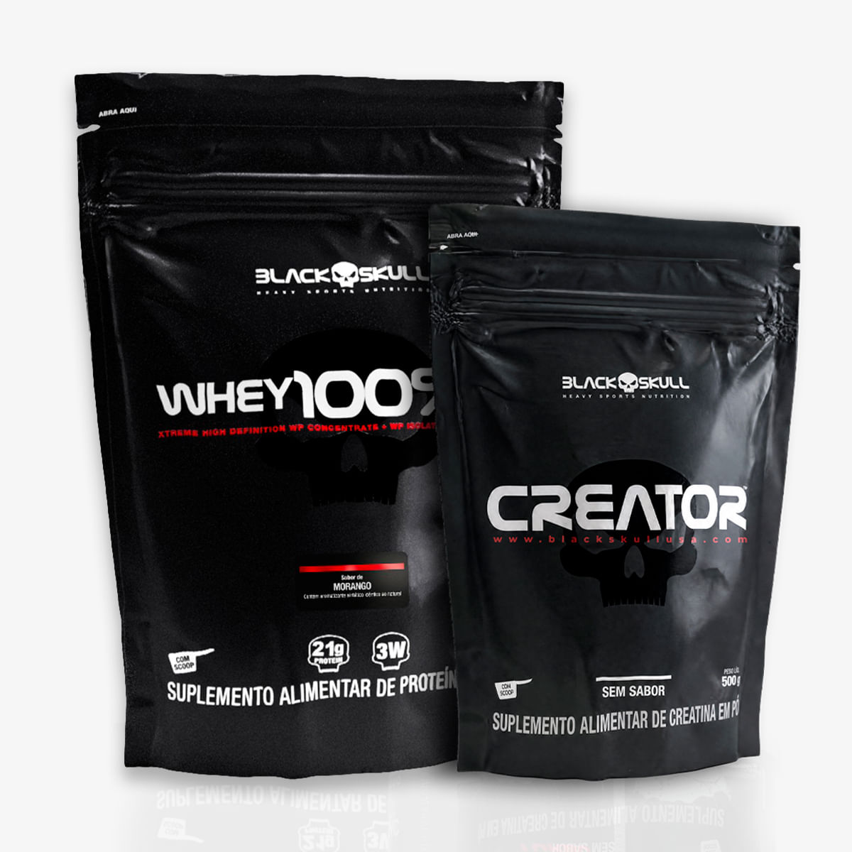 Combo whey 100% hd + creatina creator - refil 500g - black skull combo whey 100% hd + creatina creator 500g black skull (morango)
