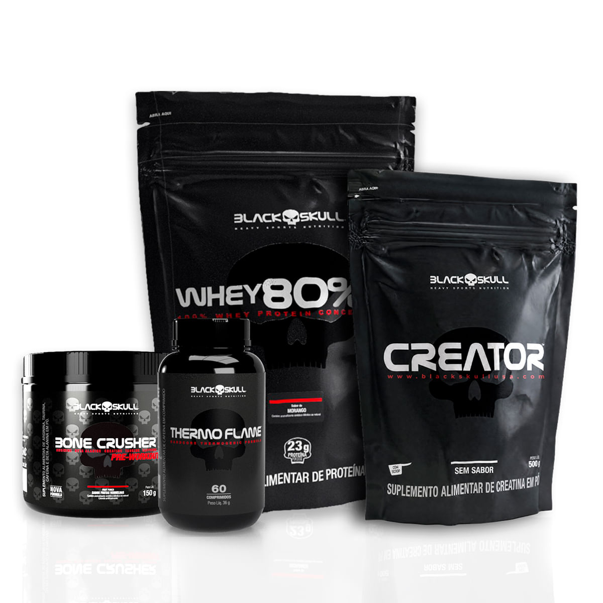 Kit whey 80% hd + creator 500g + thermo flame 60 tabs + pré-treino bone crusher fruit punch 150g - black skull whey 80% hd morango + creator 500g + thermo flame 60 tabs + pré-treino bone crusher fruit punch 150g
