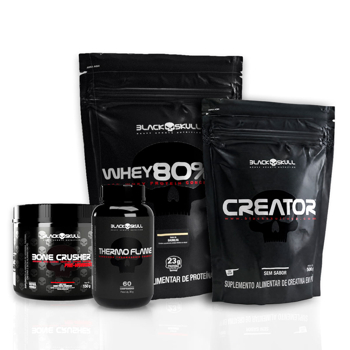 Kit whey 80% hd + creator 500g + thermo flame 60 tabs + pré-treino bone crusher fruit punch 150g - black skull whey 80% hd baulinha + creator 500g + thermo flame 60 tabs + pré-treino bone crusher fruit punch 150g
