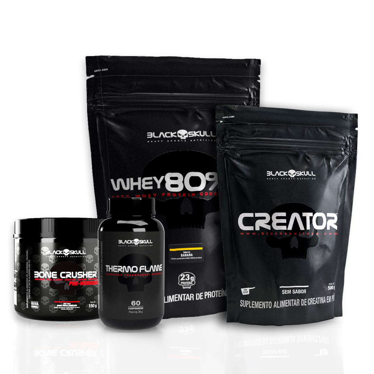 Kit whey 80% hd + creator 500g + thermo flame 60 tabs + pré-treino bone crusher fruit punch 150g - black skull whey 80% hd banana + creator 500g + thermo flame 60 tabs + pré-treino bone crusher fruit punch 150g
