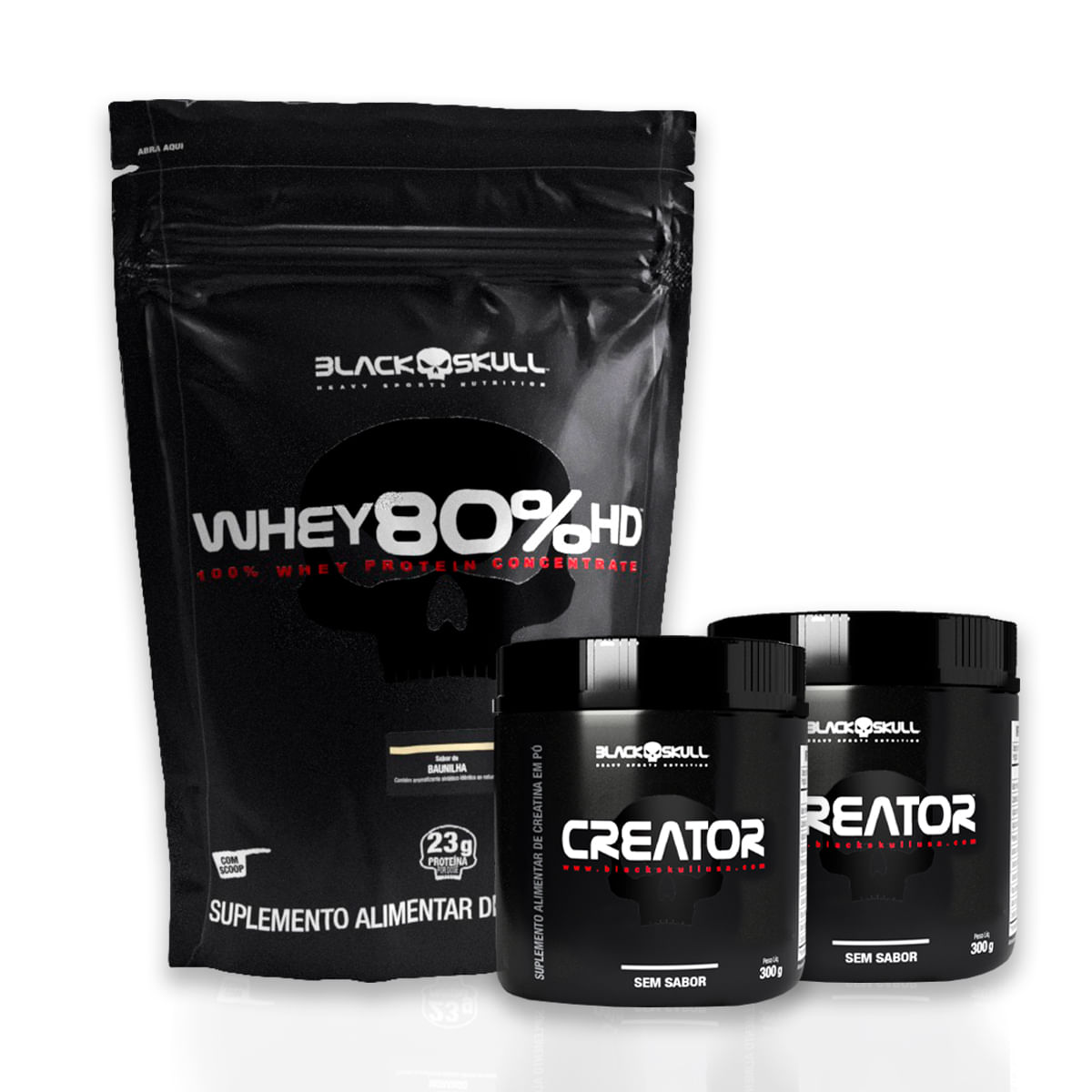 Whey 80% hd + 2 creatina creator 300g combo whey 80% hd + 2x creatina creator 300g black skull (baunilha)