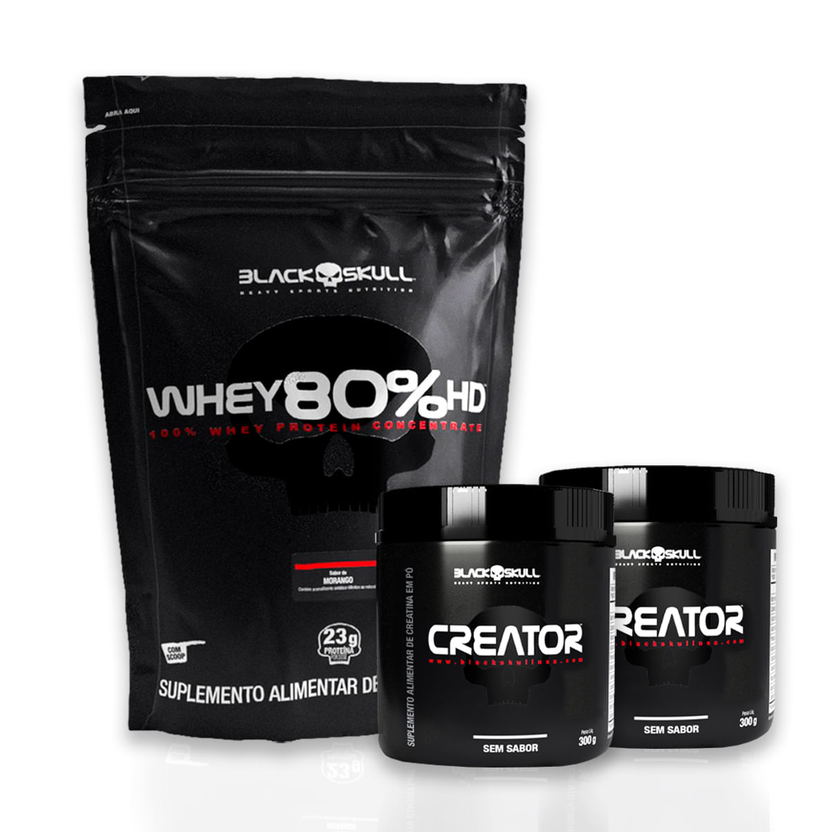 Whey 80% hd + 2 creatina creator 300g combo whey 80% hd + 2x creatina creator 300g black skull (morango)