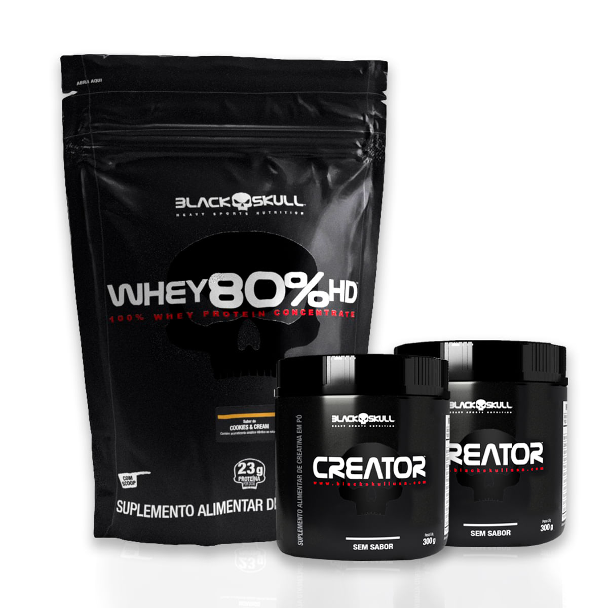 Whey 80% hd + 2 creatina creator 300g combo whey 80% hd + 2x creatina creator 300g black skull (cookies)