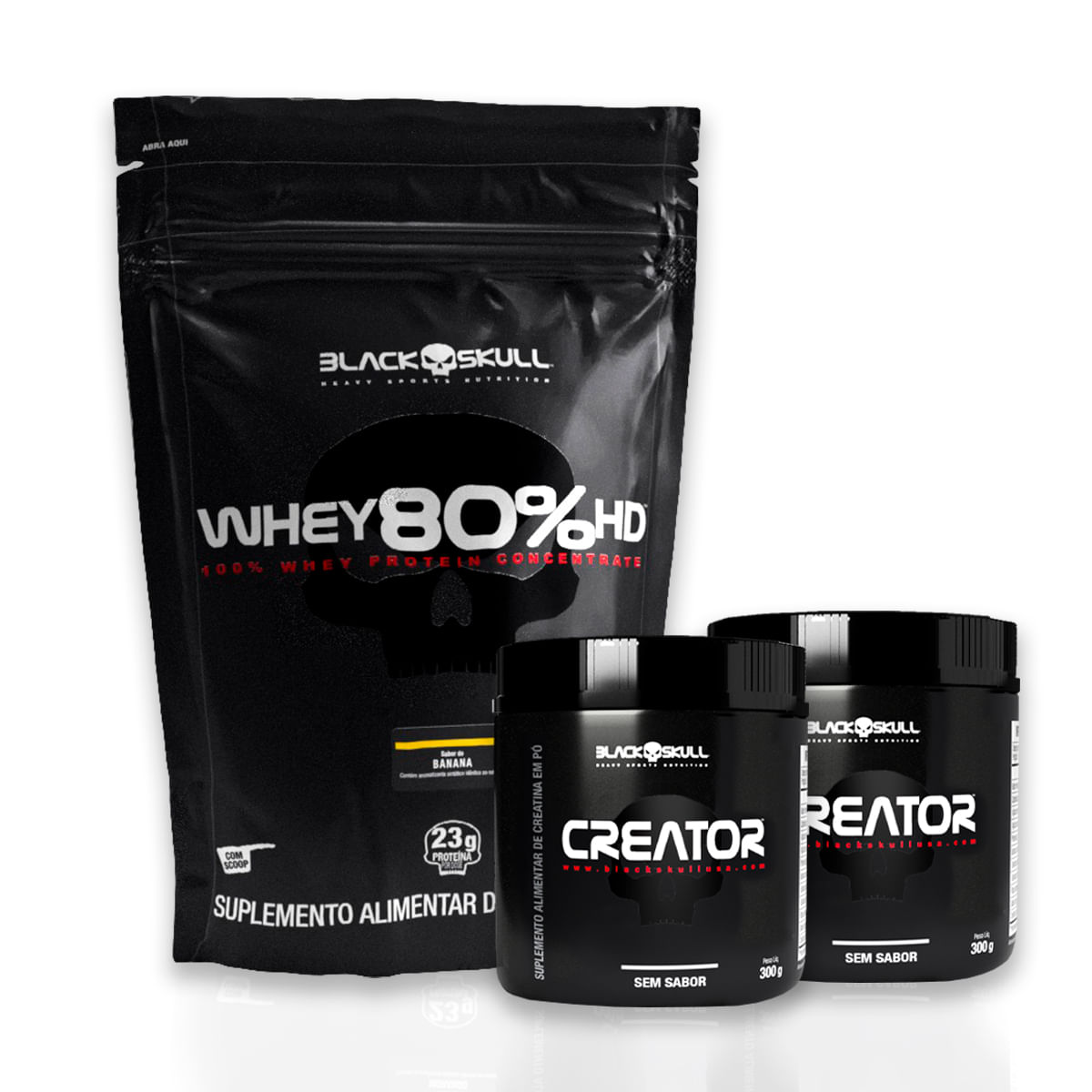 Whey 80% hd + 2 creatina creator 300g combo whey 80% hd + 2x creatina creator 300g black skull (banana)