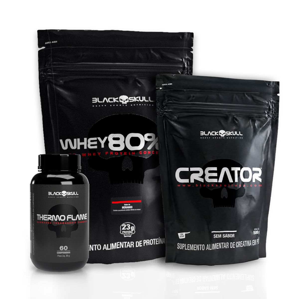 Whey 80% hd + creatina 500g + termogênico 60 cápsulas whey 80% hd morango + creator 500g + thermo flame 60 tabs