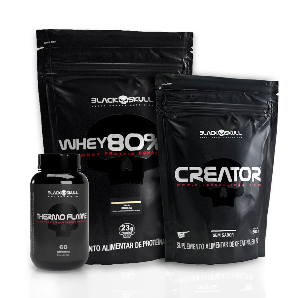 Whey 80% hd + creatina 500g + termogênico 60 cápsulas whey 80% hd baunilha + creator 500g + thermo flame 60 tabs