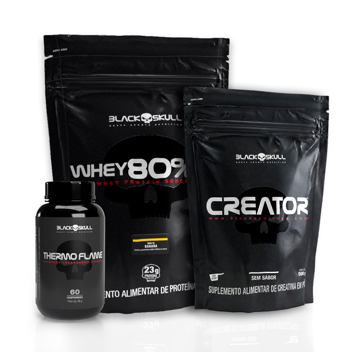 Whey 80% hd + creatina 500g + termogênico 60 cápsulas whey 80% hd banana + creator 500g + thermo flame 60 tabs