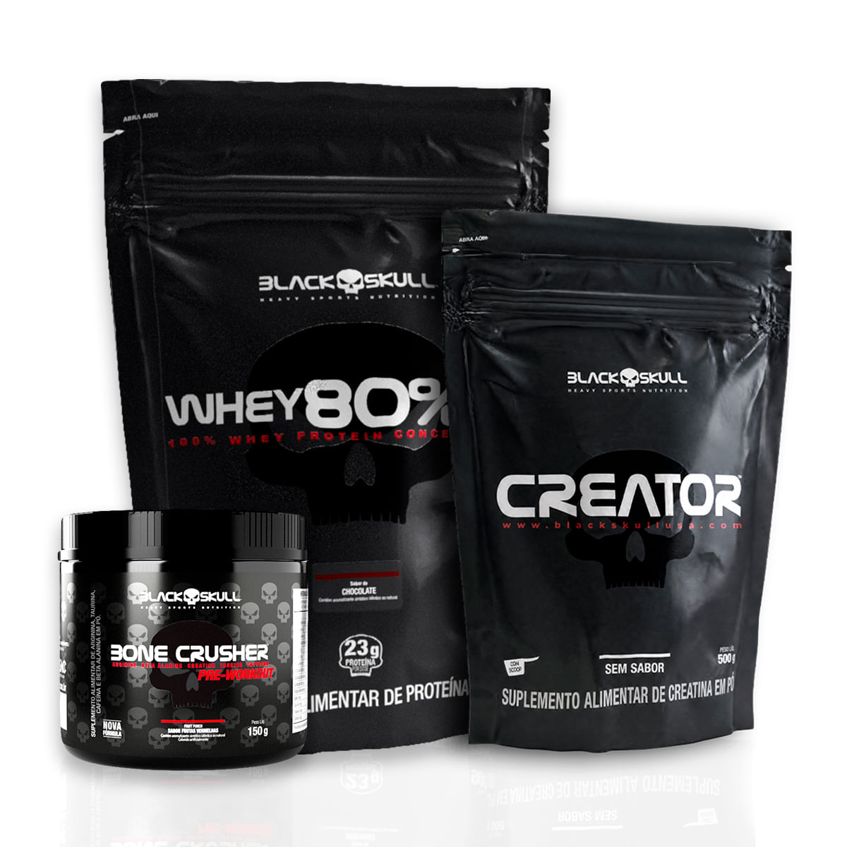 Kit whey protein 80% hd + creatina 500g + pré-treino bone 150g whey 80% hd chocolate + creator 500g + pré-treino bone crusher fruit punch 150g