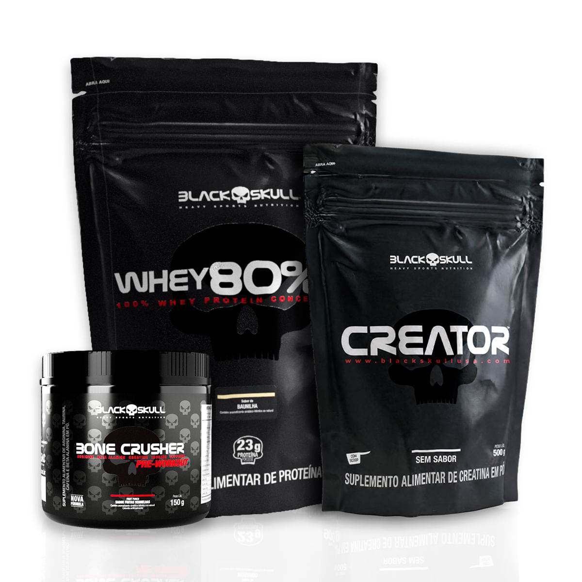 Kit whey protein 80% hd + creatina 500g + pré-treino bone 150g whey 80% hd baunilha + creator 500g + pré-treino bone crusher fruit punch 150g