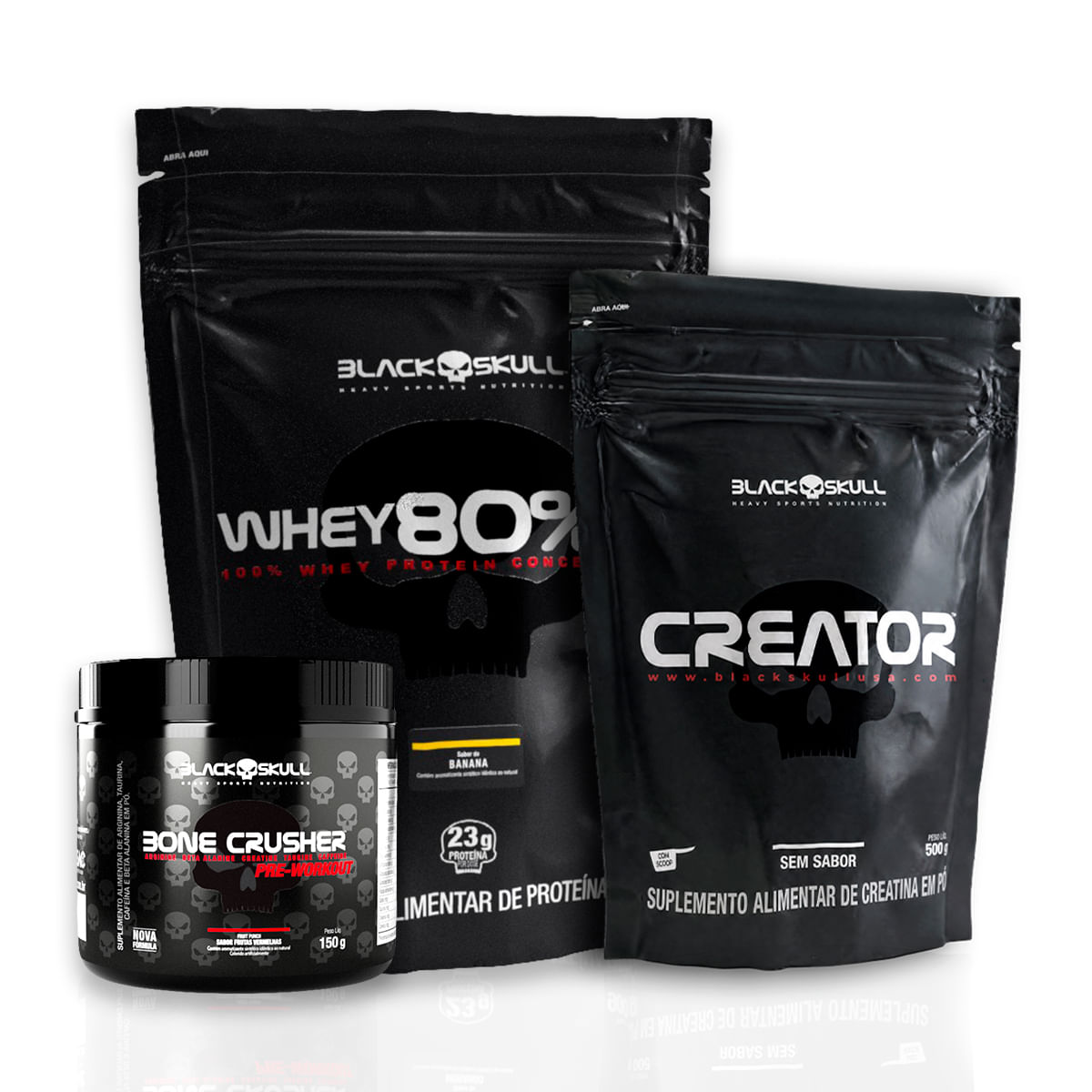 Kit whey protein 80% hd + creatina 500g + pré-treino bone 150g whey 80% hd banana + creator 500g + pré-treino bone crusher fruit punch 150g