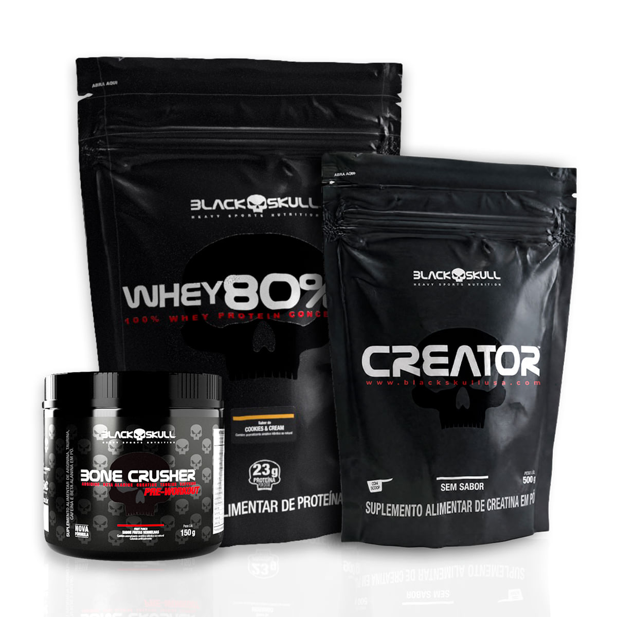 Kit whey protein 80% hd + creatina 500g + pré-treino bone 150g whey 80% hd cookies + creator 500g + pré-treino bone crusher fruit punch 150g