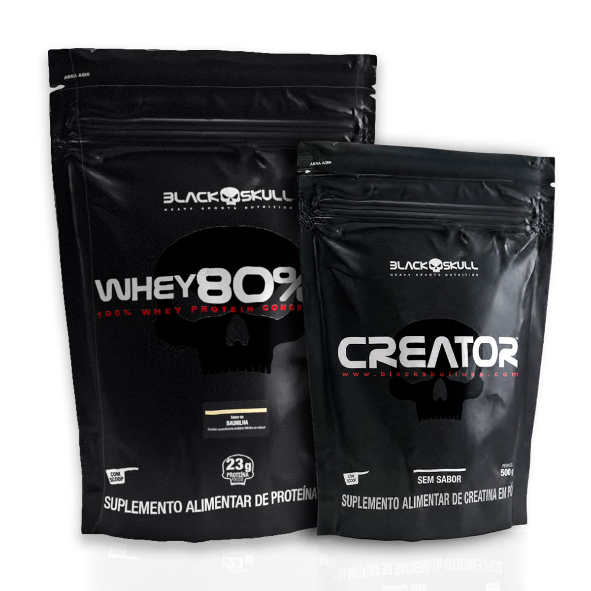 Whey 80% hd 900g + creatina creator - 500g combo whey 80% hd + creatina creator 500g black skull baunilha