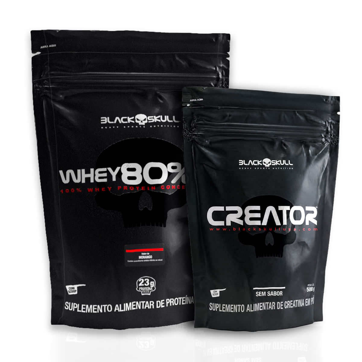 Whey 80% hd 900g + creatina creator - 500g combo whey 80% hd + creatina creator 500g black skull morango