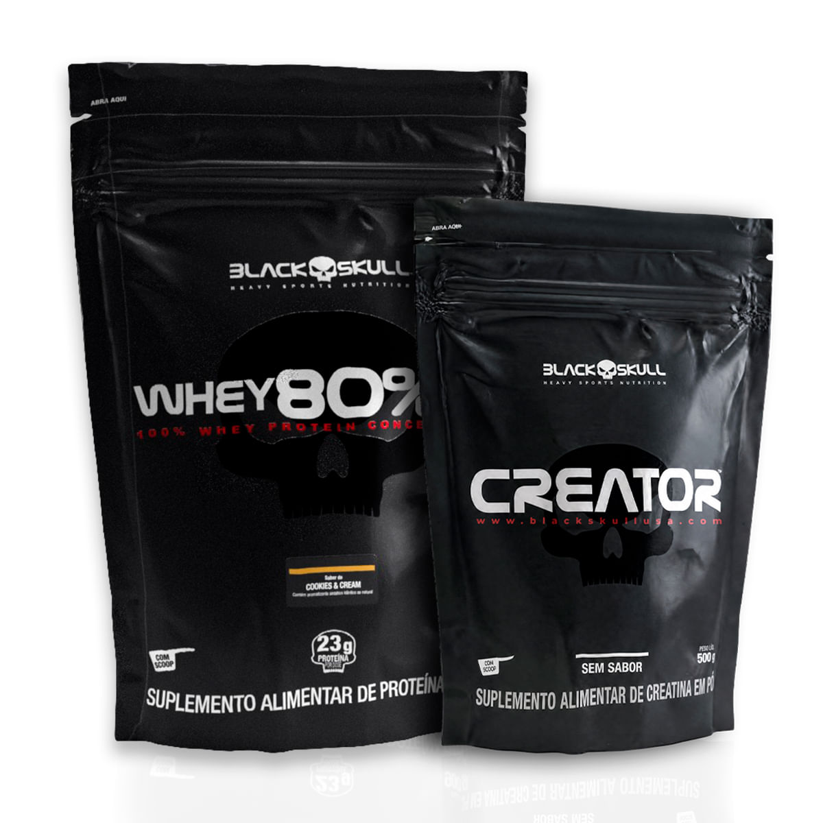 Whey 80% hd 900g + creatina creator - 500g combo whey 80% hd + creatina creator 500g black skull cookies