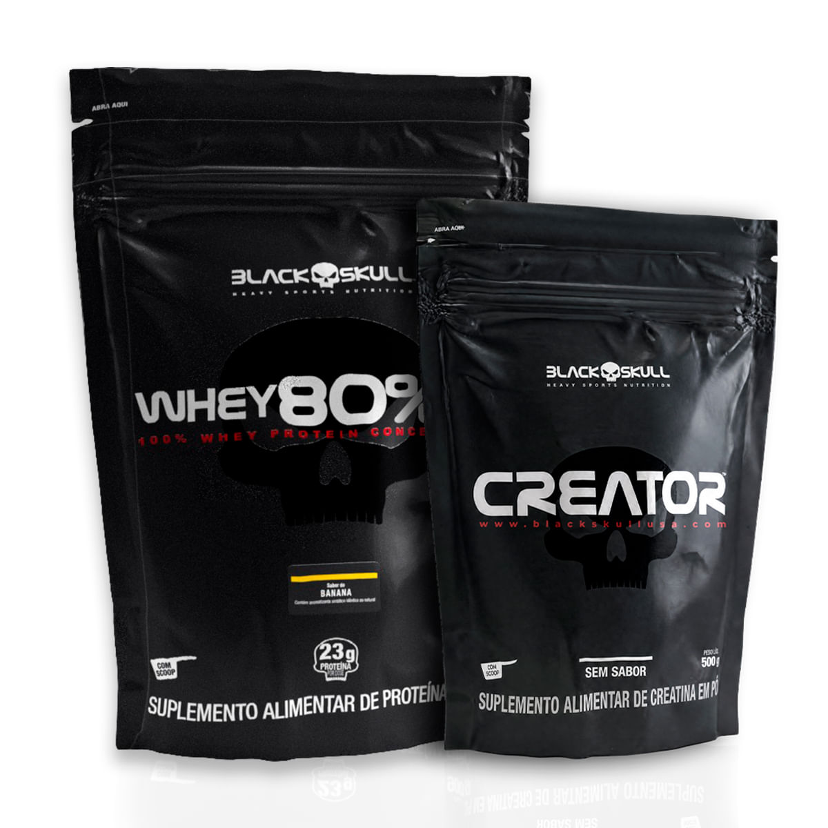 Whey 80% hd 900g + creatina creator - 500g combo whey 80% hd + creatina creator 500g black skull banana